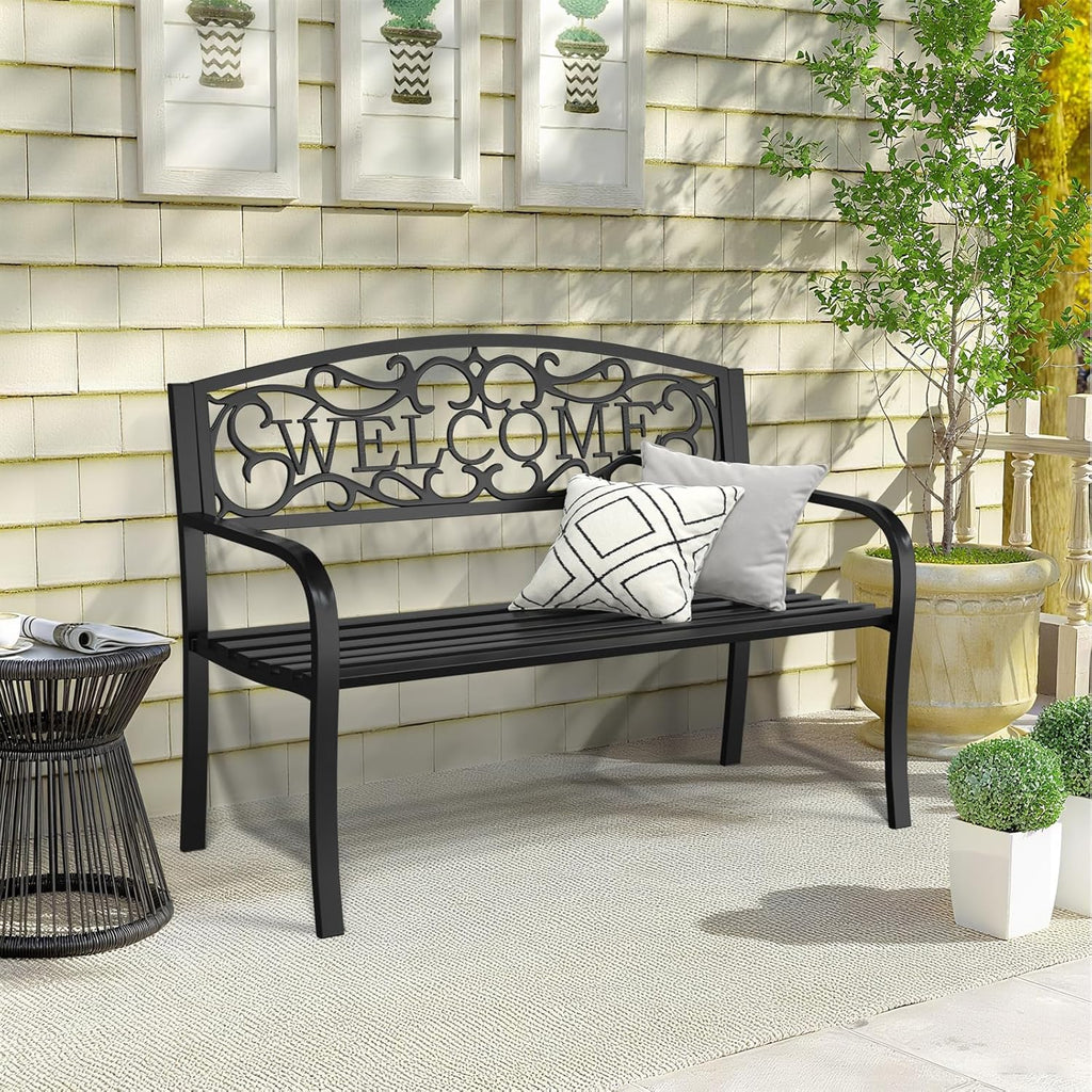 50" Heavy Duty Outdoor Bench, Wrought Iron Weatherproof Garden Bench Black Metal Patio Bench for Park Proch Yard 880lbs