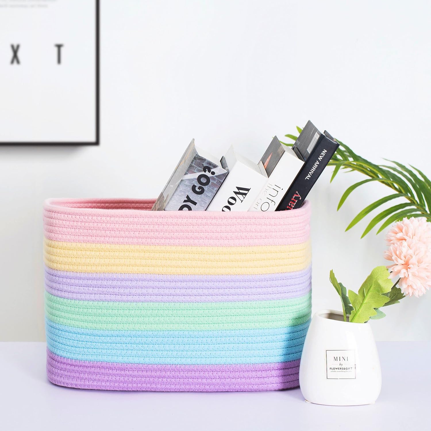 MINTWOOD Design Storage Basket for Shelves, Decorative Baskets for Organizing, Book Basket, Storage Cube Bin Box, Woven Closet Organizer, Pantry Closet and Shoe Basket, Pastel Rainbow