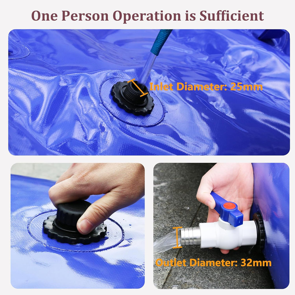 Ogrmar 240L/63.4Gallon Portable Water Storage Bladder Containers, Large Capacity Foldable Water Tank for Garden Water Catcher Including PVC Spigots and Overflow Kit, Emergency Water Storage Bag, Blue