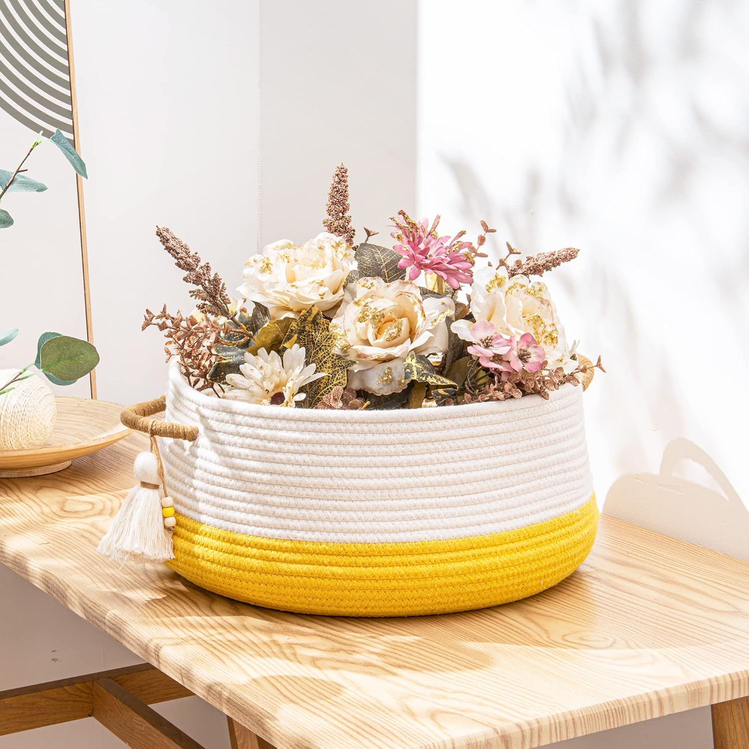 KAKAMAY Woven Baskets for Storage(16"x8"),Blanket Basket for Organizing Living Room,Cotton Rope Basket Woven Baby Laundry Hamper,Collapsible Laundry Room Organization,Clothes,Toy Chest(Yellow)