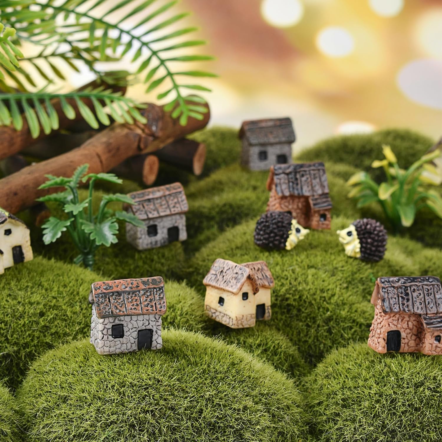 16PCS Miniature Stone House Mini Fairy Garden Cottage House Micro Village Thumbnail Huts for Fairy Garden DIY Plant Pot