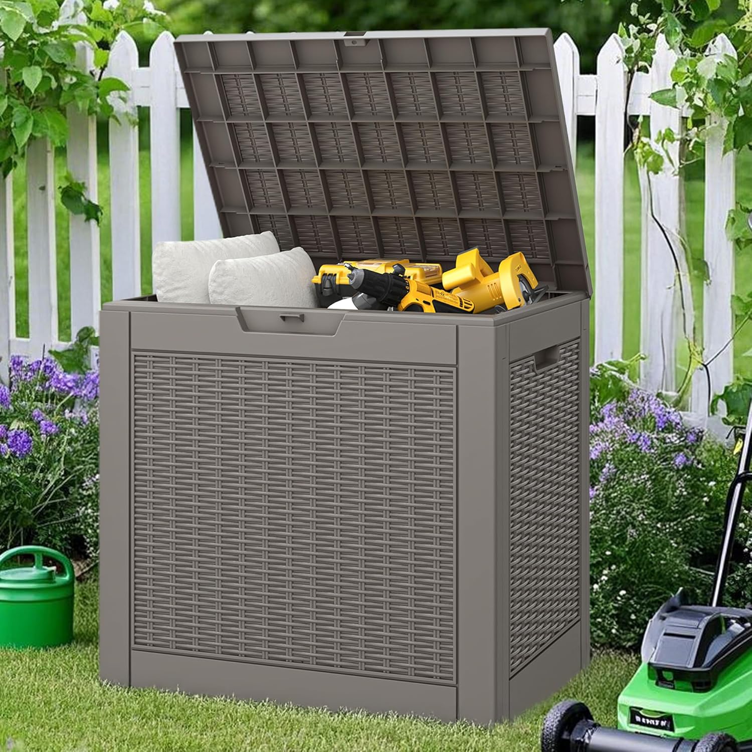 NUNU LAB 31 Gallon Outdoor Storage Box Waterproof,Indoor Outside Deck Boxes,Backyard Storage Bin For Package Delivery,Garden Tools,Patio Cushions,Pool Accessories,Storage Bench Lockable Lid