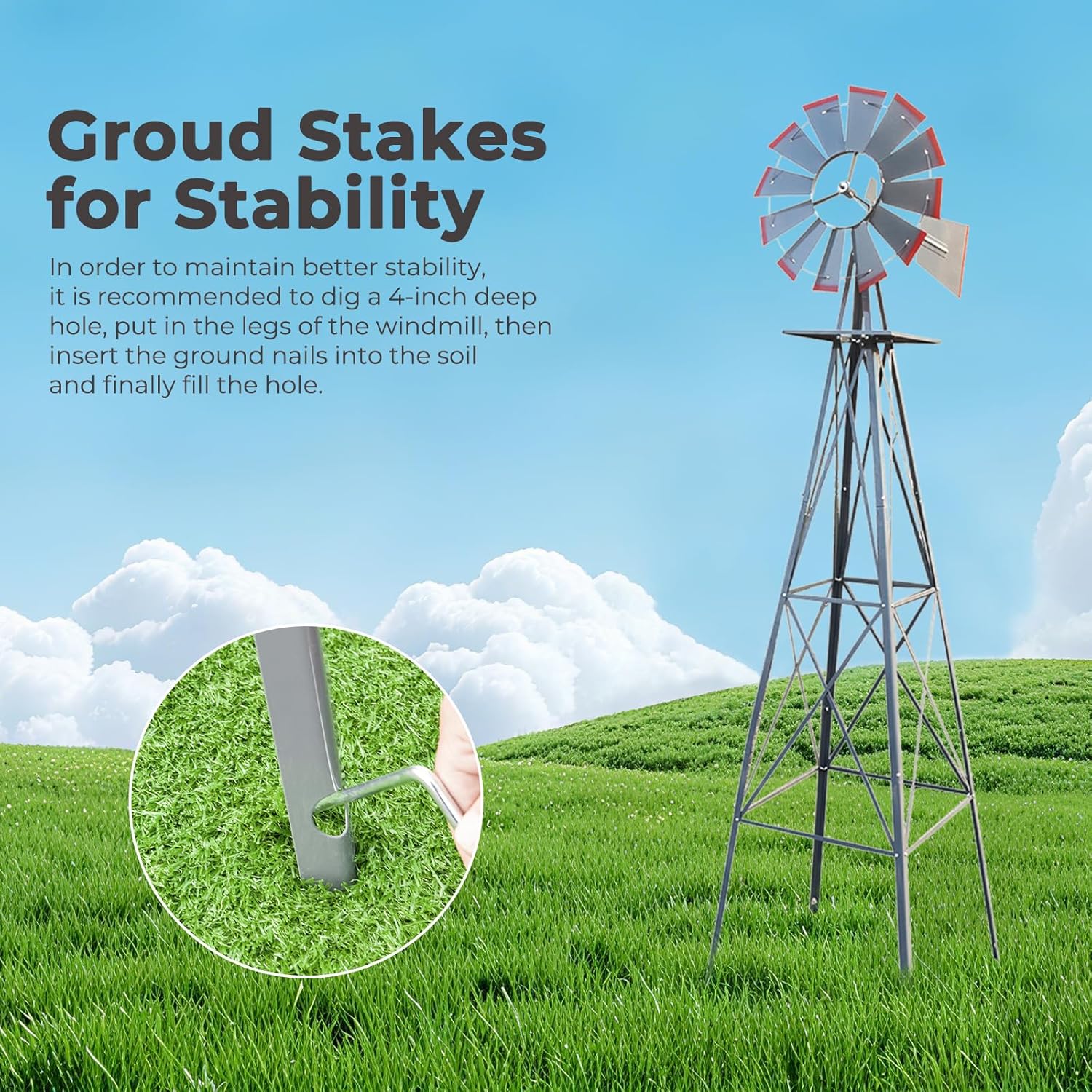 Outvita 8FT Ornamental Windmill, Heavy Duty Durable Metal Weather Vane Garden Decoration Weather Resistant for Garden, Yard, Farm, Seaside (8ft-Gray)