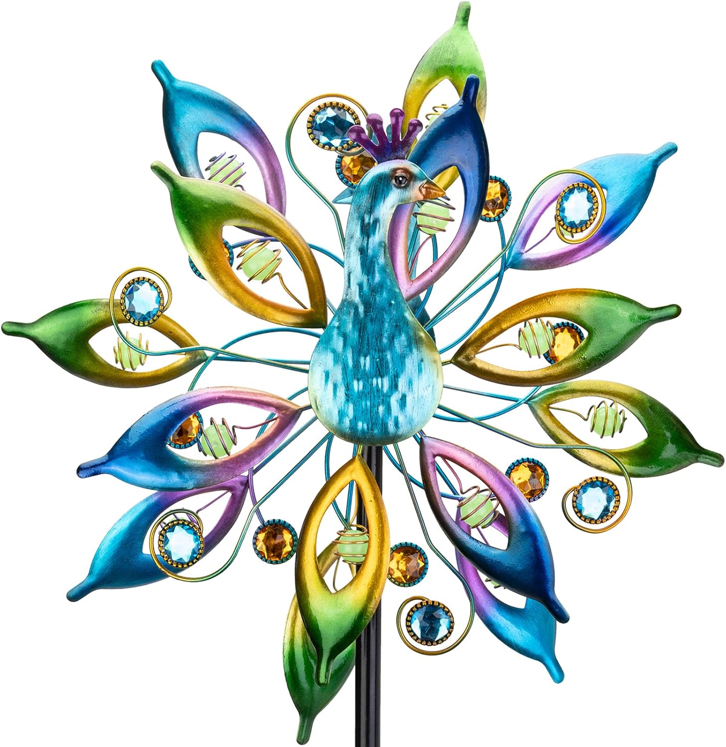 DREAMYSOUL Outdoor Peacock Wind Spinners with Gem Decor, 13" D*65" H Double Sided Kinetic Wind Sculptures & Spinners, Metal Wind Spinners for Yard and Garden