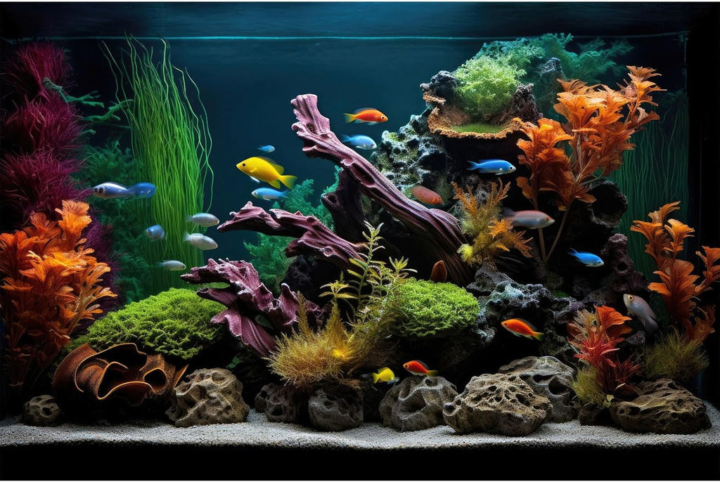 Aquarium Background Lush Aquatic Colorful Plants Terrarium Background Redwood Root Coral Reef Jungle Style Fish Tank Background Amazing Underwater View Aquarium Backdrop Wallpaper Poster Vinyl 36x24in