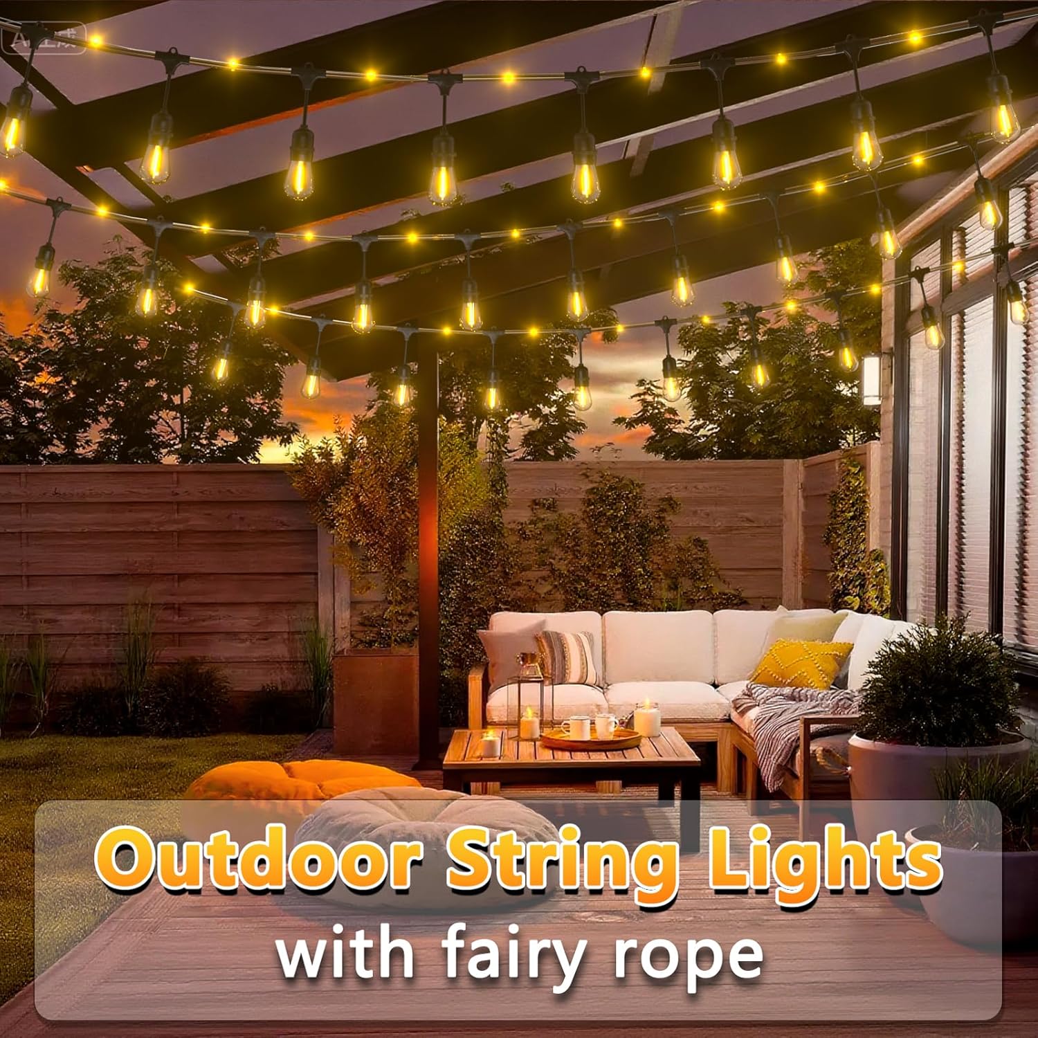 Outdoor String Fairy Lights, 24ft Dimmable Patio Lights with 12+1 S14 Retro Edison Bulbs & 72 Fairy Rope, IP65 Waterproof, LED Outside Hanging Light for Backyard Gazebo Bistro, 10 Strands Connectable