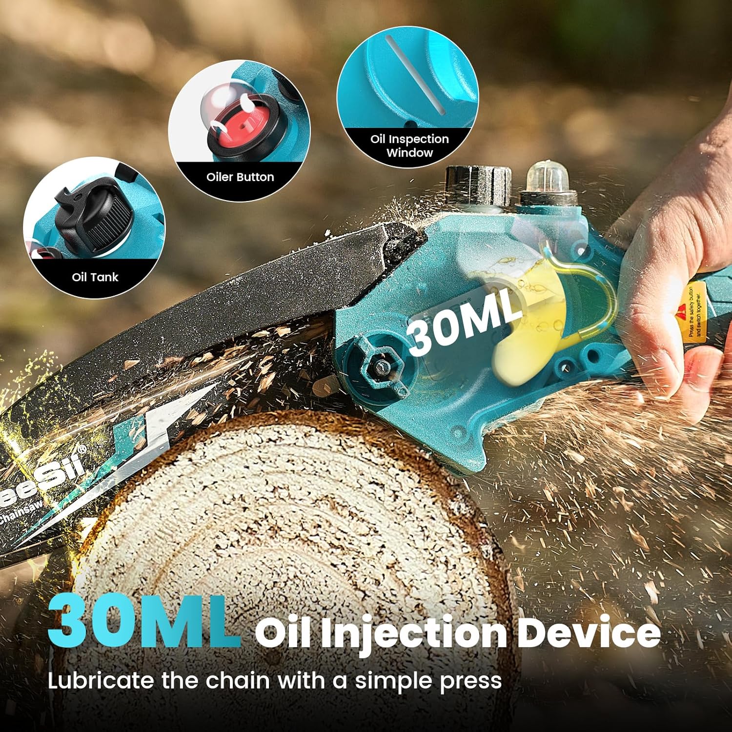 Seesii Mini Chainsaw 8-inch, Mini Chainsaw Cordless Tool Set, Battery Chainsaw with 2x 4.0Ah Batteries, Handheld Electric Power Chain Saw with Oiler, Safety Lock for Tree Trimming,Wood Cutting