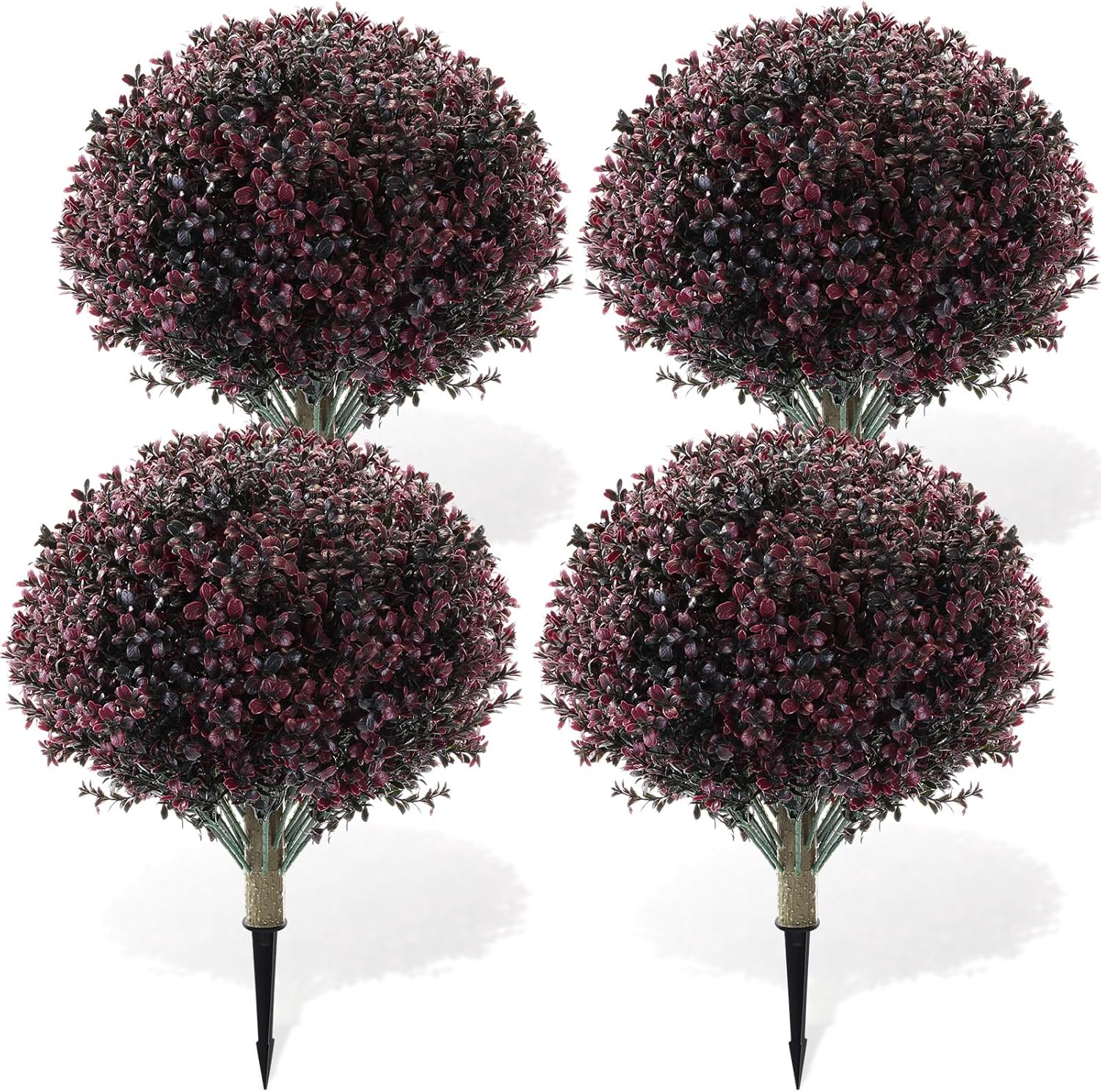 Yunlly 4 Pack 18" Artificial Boxwood Ball Bush Topiary Trees Fake Outdoor Plants, Realistic UV Resistance Faux Shrubs with Spike Greenery Topiary for Front Porch Garden Yard Patio Indoor (Dark Purple)