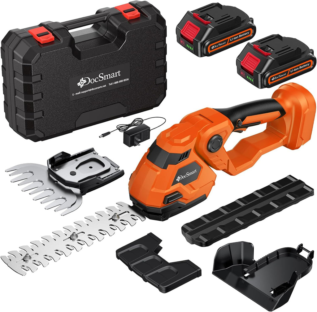 Hedge Trimmer Cordless with Battery, 2-in-1 Electric 21V Handheld Grass Shear Cutter with 2 Pack Rechargeable Battery, Mini Bush Trimmer Kit for Garden Yard Lawn Pruning, Orange
