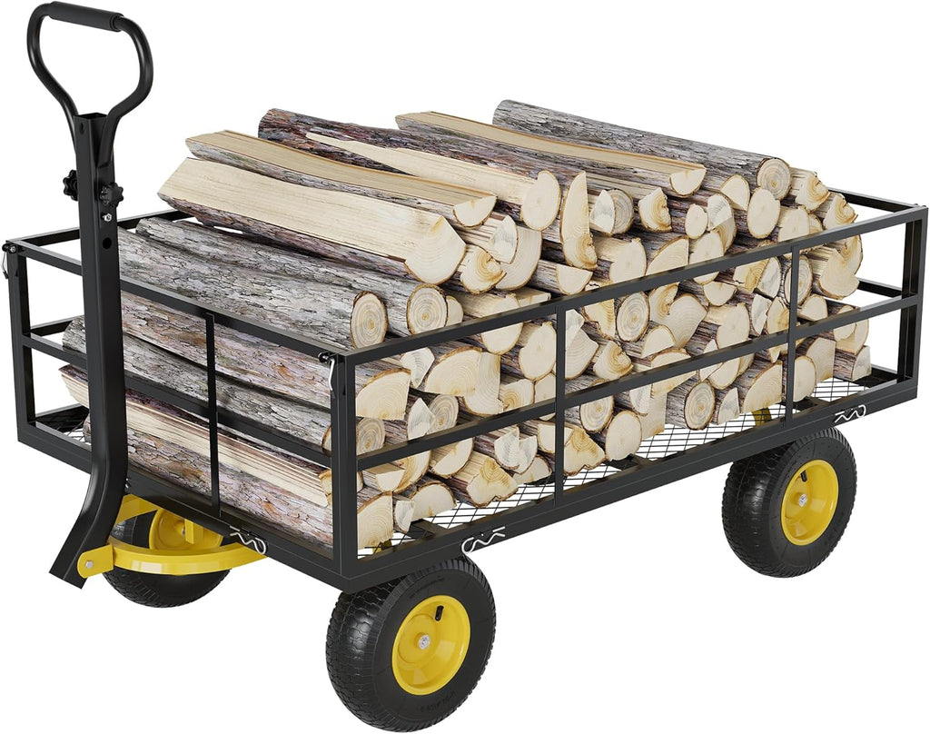 3-in-1 Heavy-Duty Steel Garden Cart, 1200 Lbs Garden Wagon, with 13 Inch All-Terrain Tires and Removable Mesh Side Panels, 180° Rotating Handle, Metal Utility Yard Trailer, Outdoor Gardens Wagon Cart