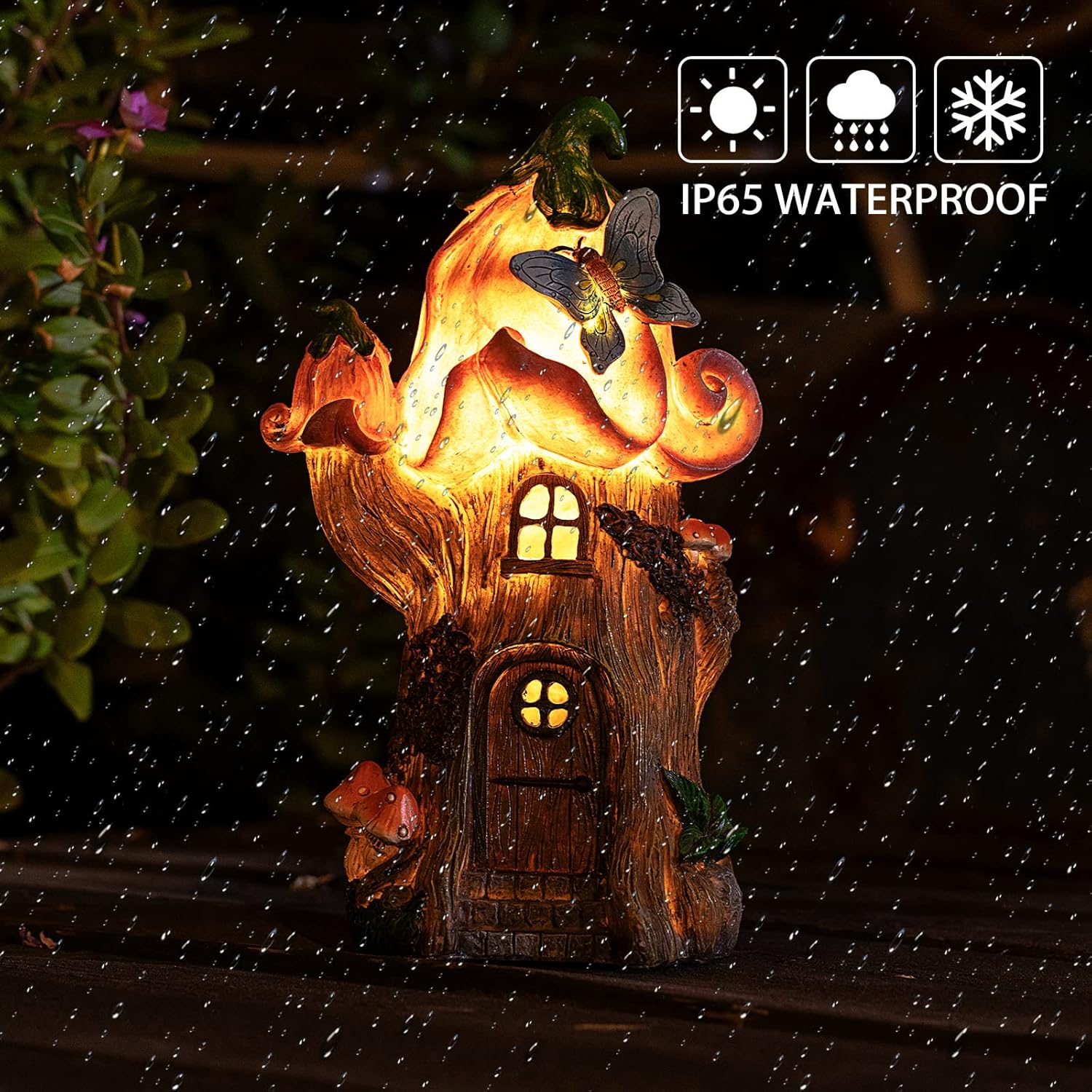 Fairy Garden Accessories Outdoor Statues, Mushroom House Decor,Large Gnome Solar Powered Lights Sculptures,Pink Resin Figurine Butterfly Figurines Lawn Ornaments for Patio Yard Decorations 11Inch