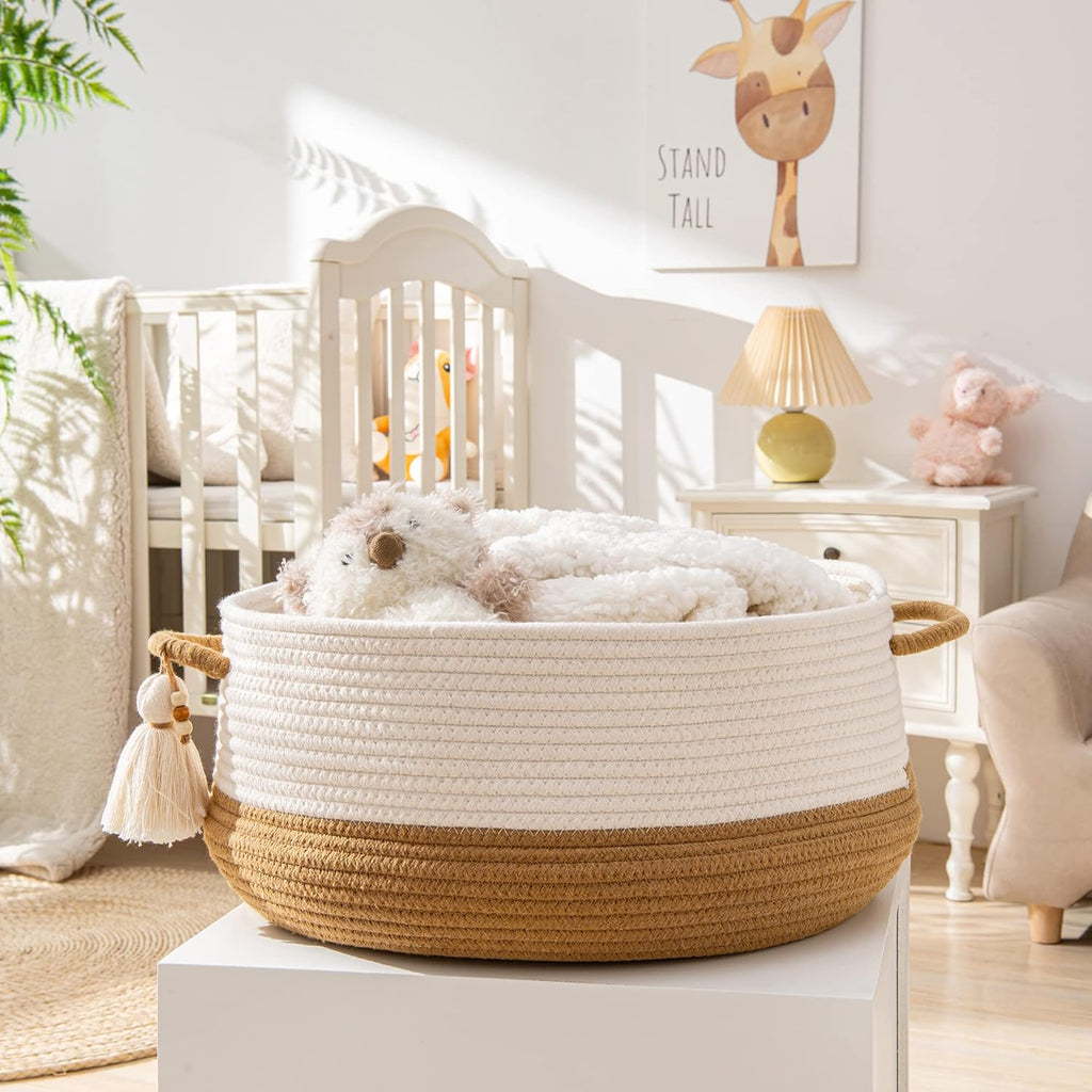 KAKAMAY Woven Baskets for Storage(16"x8"),Blanket Basket for Organizing Living Room,Cotton Rope Basket Woven Baby Laundry Hamper,Collapsible Laundry Room Organization,Clothes,Toy Chest(Brown)