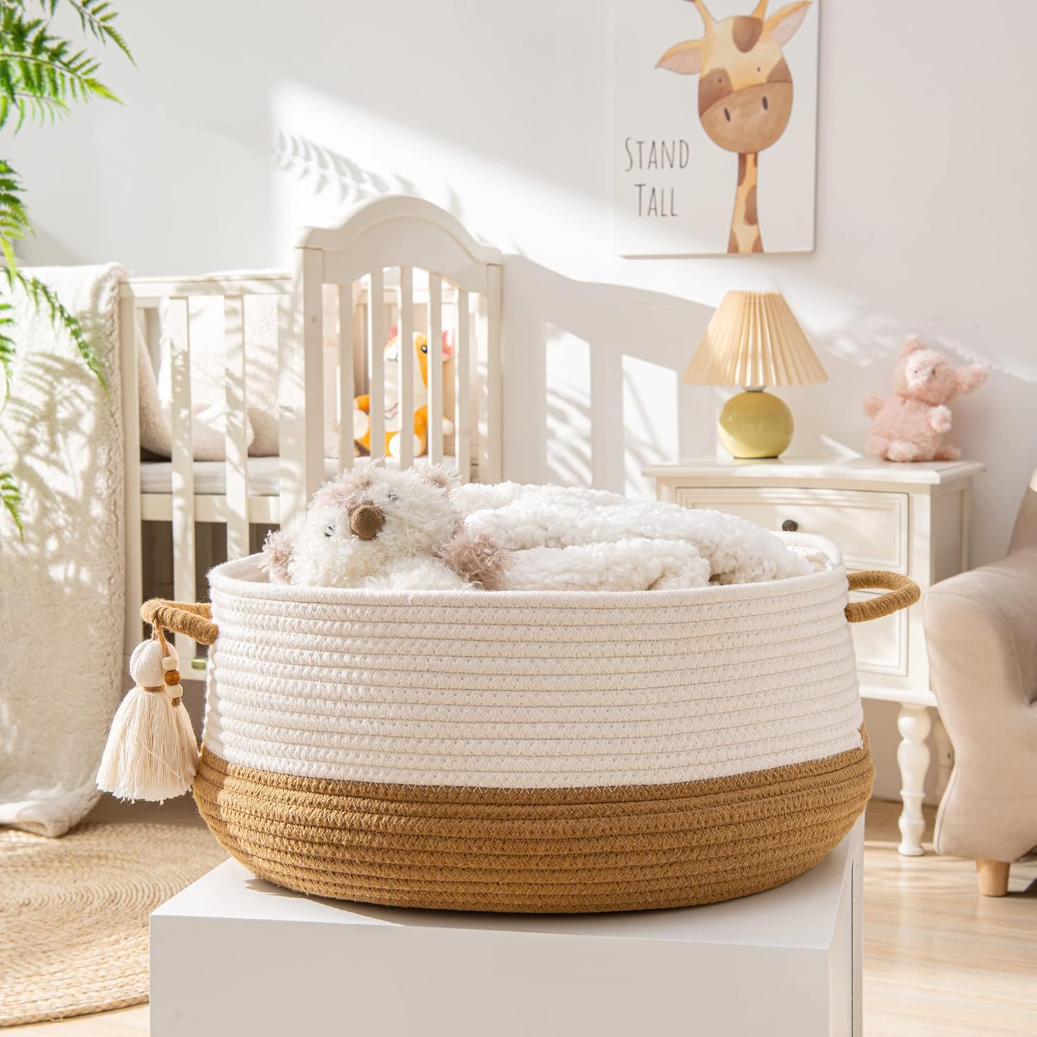 KAKAMAY Woven Baskets for Storage(16"x8"),Blanket Basket for Organizing Living Room,Cotton Rope Basket Woven Baby Laundry Hamper,Collapsible Laundry Room Organization,Clothes,Toy Chest(Brown)