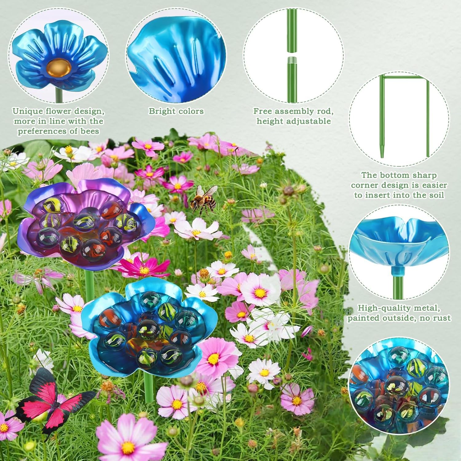 4 Pack Bee Watering Station, Metal Bee Feeder Cups with Colorful Flower Design,Butterfly Bee Bath Bowl for Outdoor Garden Yard Decor (Green, Blue, Yellow, Purple)