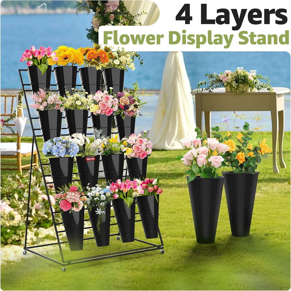 Flower Display Stand 4 Layers with 16 PCS Round Buckets, Plant Stand with Wheels, Movable Metal Plant Stand for Terrace Garden, Florist Shop