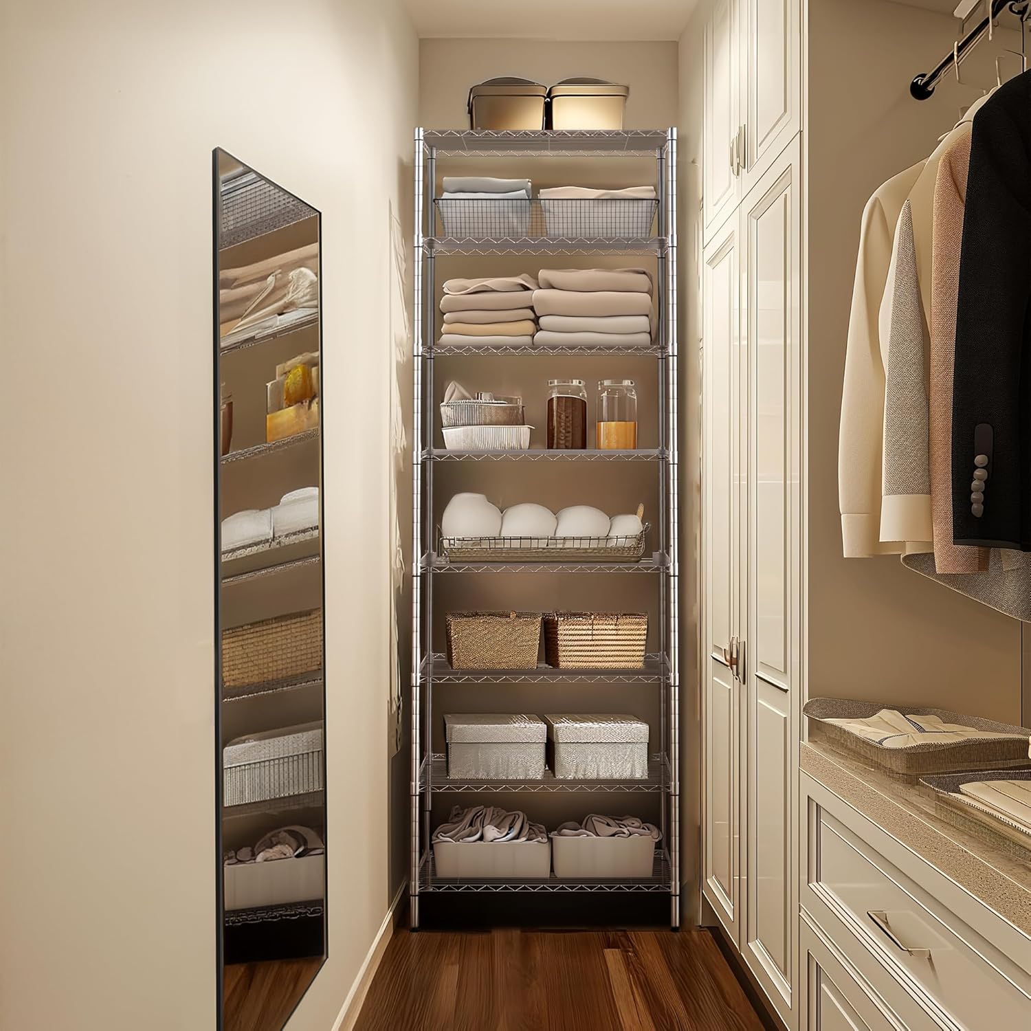 Finnhomy 8-Tier Wire Shelving Unit Adjustable Steel Wire Rack Shelving 8 Shelves Steel Storage Rack or Two 4-Tier Shelving Units with PE mat, Leveling Feet and Safety Device, NSF Certified, Chrome