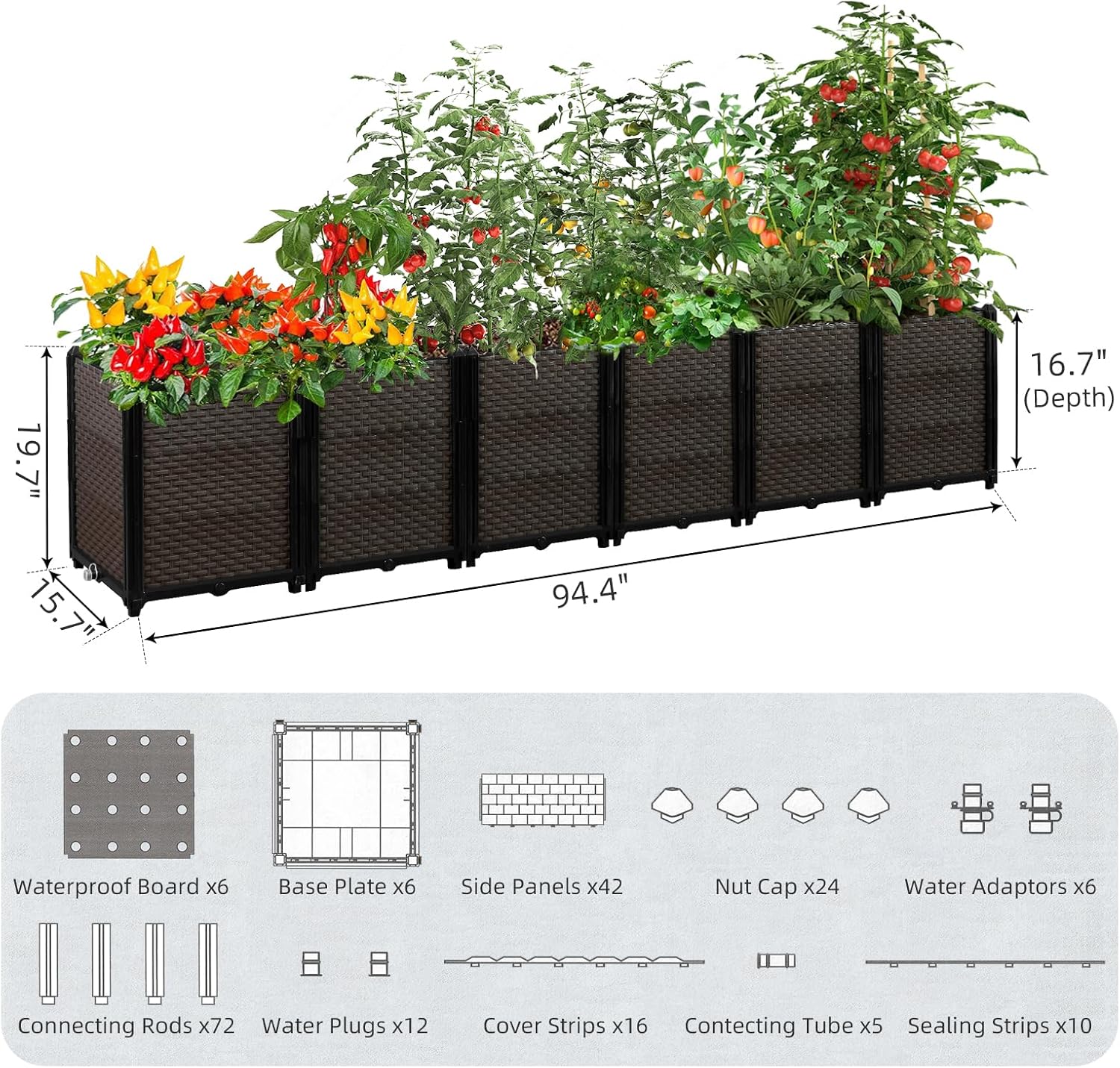 Large Raised Planter Box Outdoor Self Watering 94.4"x15.7"x19.7", Deep Raised Garden Bed - Elevated Garden Box with Drainage Plug, Rectangular Garden Planter Perfect for Patio Balcony Deck