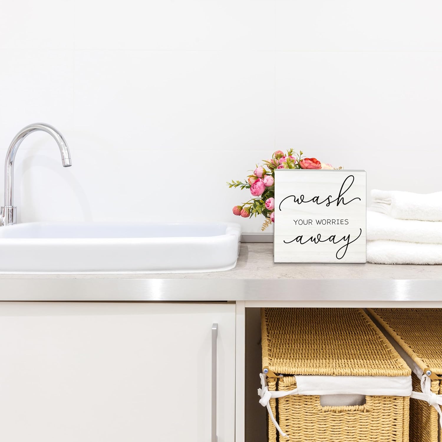 Funny White Wooden Sign-Wash Your Worries Away Block Plaque Desk Decoration-5x5 inches Inspirational Wood Block Gifts For Friends Family-Laundry Room Restroom Bathroom Tabletop Favors & Supplies-A09