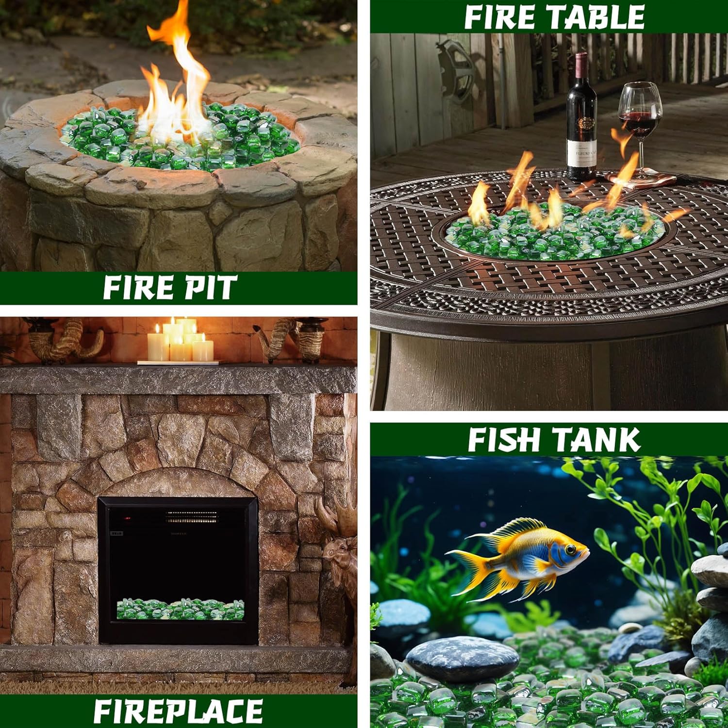 Fire Pit Glass Rocks Square, Fire Glass Cubes, Tempered Firepit Stones for Fireplace, Firepit Table Indoor or Outdoor, Replacing Traditional Burning Wood 10 pounds, Green Reflective