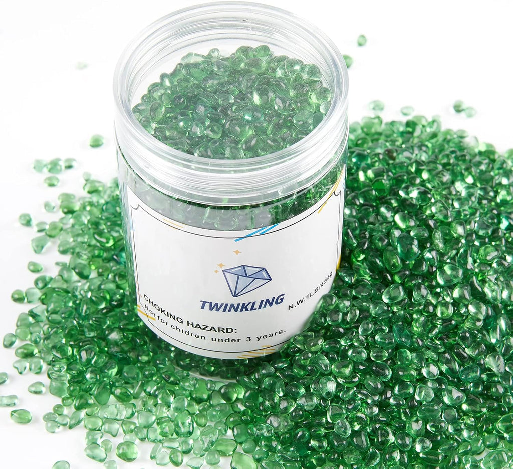 TWINKLING High Luster Round Fire Glass Stones,Glass Marbles Pebbles,Glass Beads Gems for Fire Pit Vase Fillers Crafts Aquarium Garden Decoration,3-6mm,1-Pound Jar (Light Green)