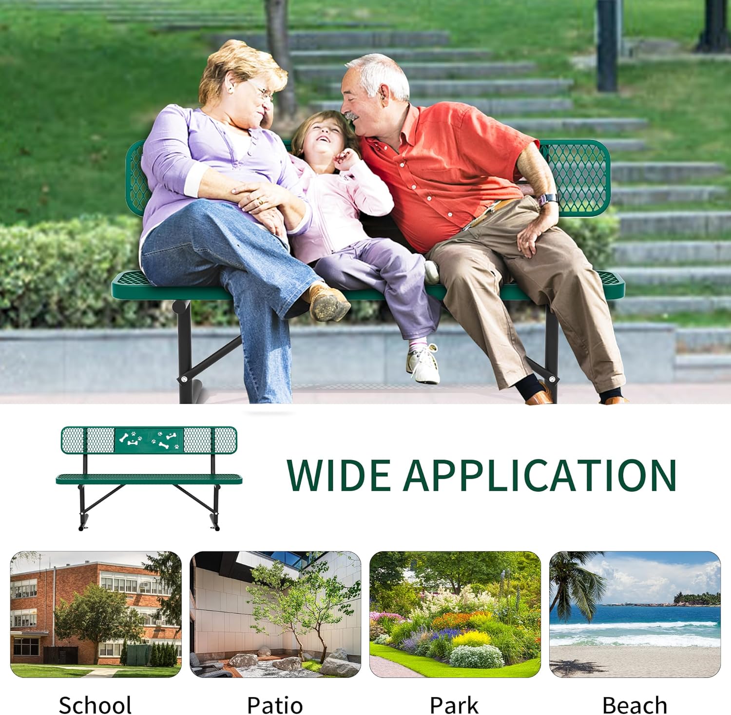 6 Feet Steel Park Bench for Outside, Outdoor Bench with Backrest & Portable Frame, Commercial Benches for Parks, School, Patio, Deck, Store,Green