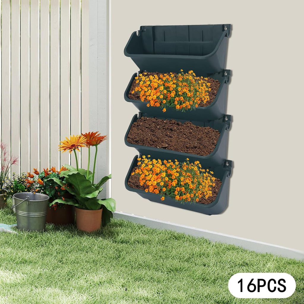 Eapmic Vertical Wall Planter with 16 Pots, Hanging Garden Plant Flowerpot Holder, Stackable Wall-Mounted Planter, Balcony Planters for Flowers Vegetables Fruits (Army Green, 16 Pots)