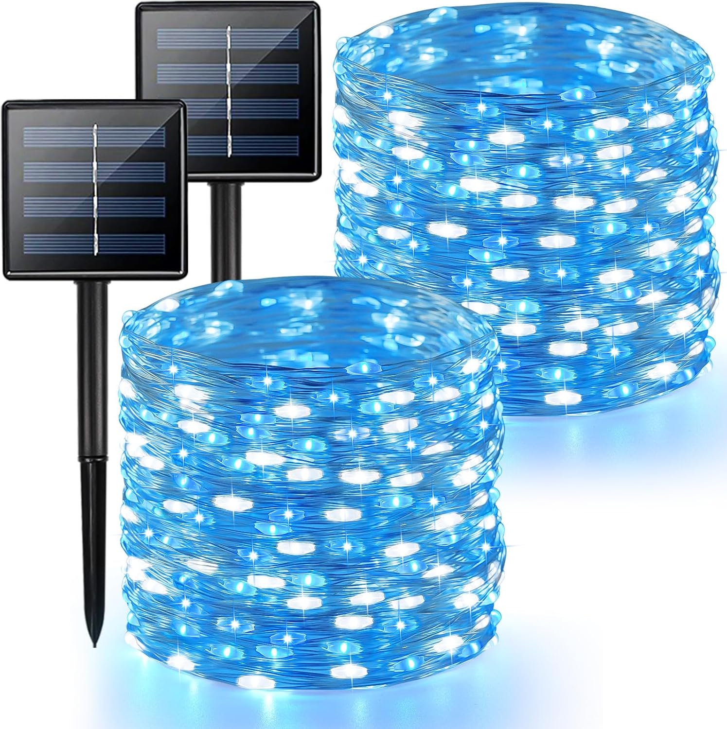 2 Pack Blue and White Solar String Lights Outdoor, 80FT 200 LED Waterproof Silver Wire Fairy Light, 8 Modes Solar Twinkle Light for Christmas Wedding New Year Independence Day Patio Fence Tree Decor