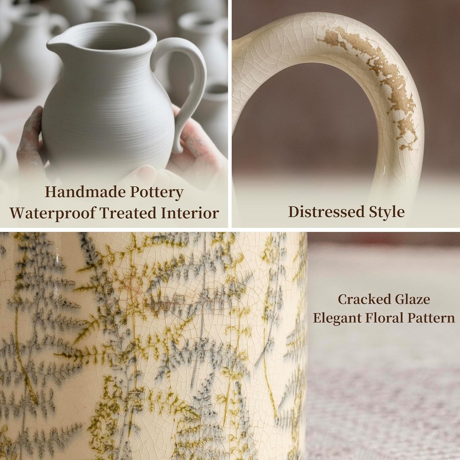 Vintage Ceramic Pitcher Vase with Handle, Farmhouse Green and Purple Large Floral Vases, French Country Decorative Vase, Rustic Table Centerpiece for Home Decor, Bookshelf, Office 7.3 Inch