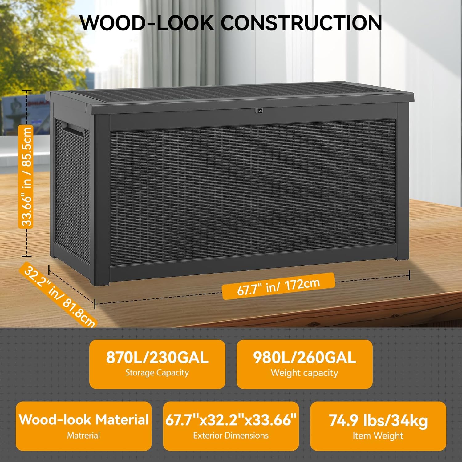 KAMABOKO 260 Gallon Outdoor Storage Box, Resin Deck Boxes Indoor and outdoor, Waterproof Storage Box Lockable Lid for Garden Tools, Package Delivery, Patio Cushions, Black