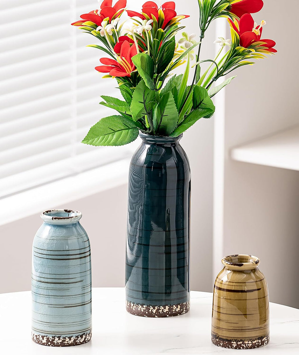 Ceramic Vase Set of 3, Farmhouse Decorative Vase for Pampas Grass, Living Room, Bathroom,Bookshelf, Centerpieces (Blue/Navy Blue/Yellow)