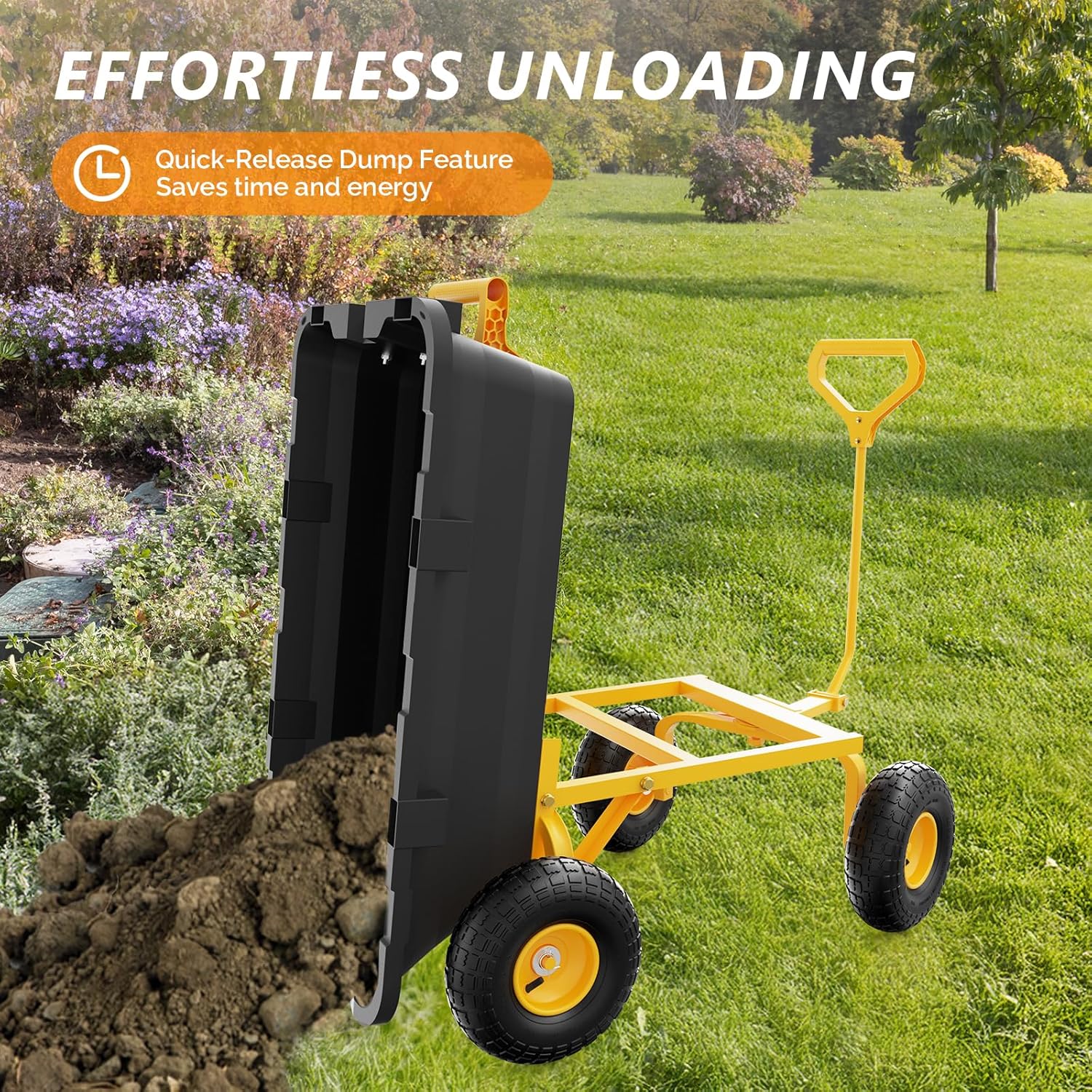 VINGLI Heavy Duty Dump Cart Wagon, 770LBS Quick-Release Dump Poly Wheelbarrow, 10in All-Terrain Pneumatic Tires Garden Wagon for Garden, Yard, Beach