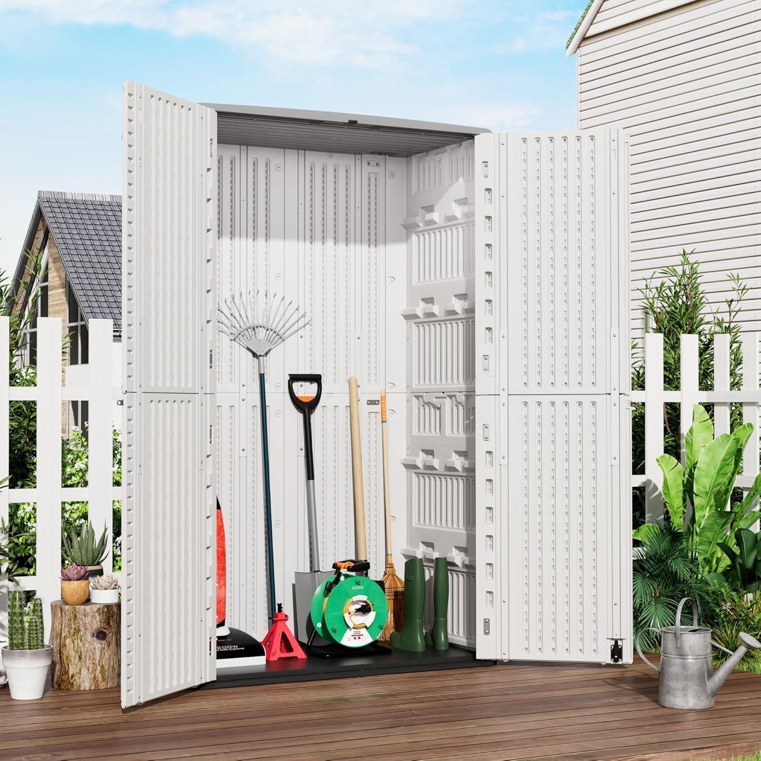 Outdoor Storage Cabinet Waterproof,Resin Vertical Storage Shed Lockable, 66 Cubic Feet Outdoor Storage Box for Garden/Backyard/Home/Pool