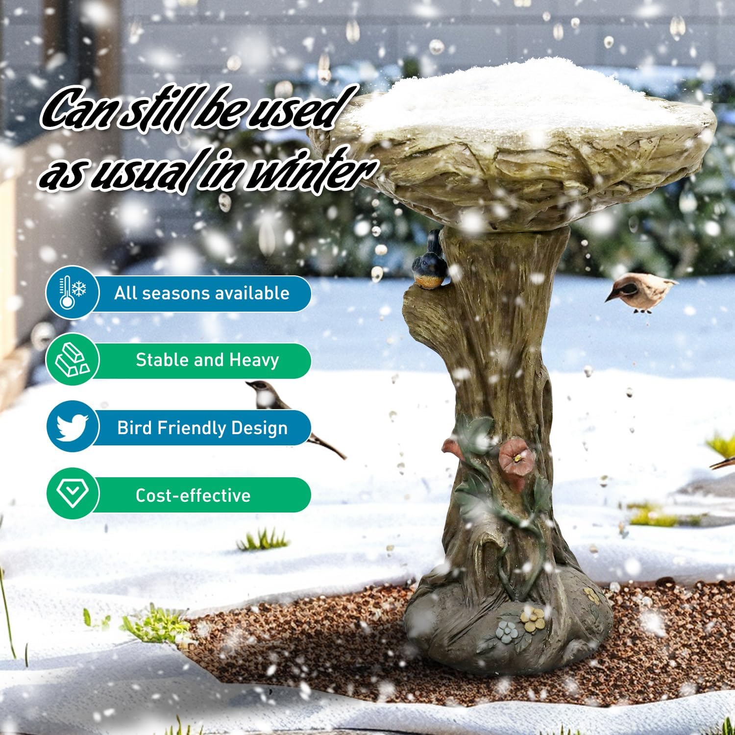 SunJet 25.5 Inch Heigh Wood-Look Concrete Bird Bath with Decorative Faux Bird – birdbath Rustic & Long-Lasting Design, Enhances Garden, Patio, Yard, Lawn Décor