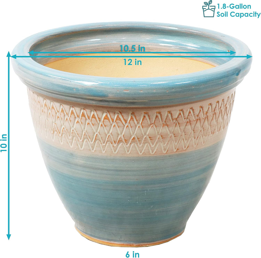 Sunnydaze Purlieu 12-Inch Outdoor/Indoor Ceramic Planters - Set of 2 -Shoreline