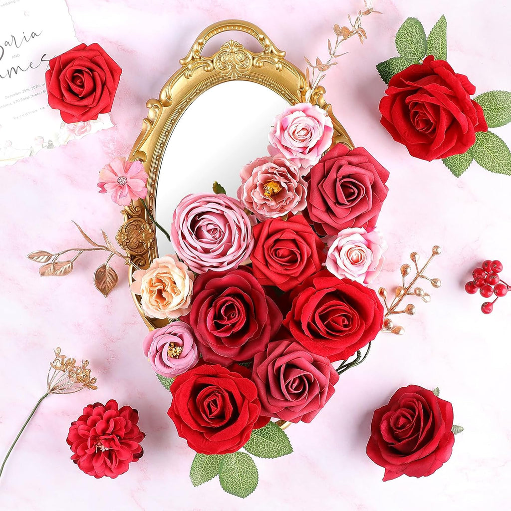 AGIRL Red Artificial Flowers Combo Fake Flowers Red Rose Silk Flowers Fake Floral Arrangements for DIY Wedding Bouquets Centerpieces Table Decor Baby Shower Home Decor