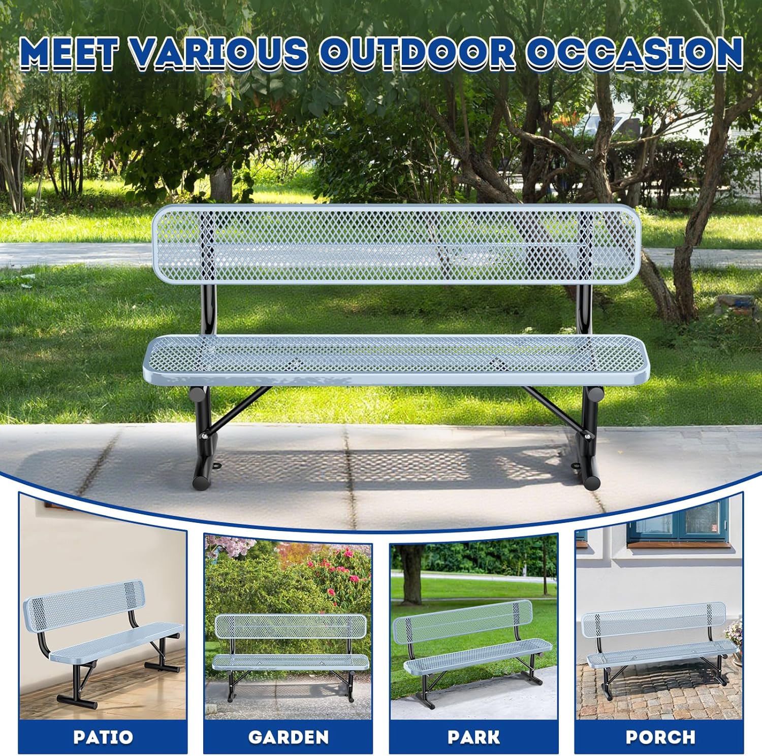 6Ft Heavy Duty Park Bench with Back Portable Frame, Outdoor Steel Bench with Backrest, Expanded Metal Mesh Bench for Lawn, Park, Deck, Garden, Patio, Porch, Grey