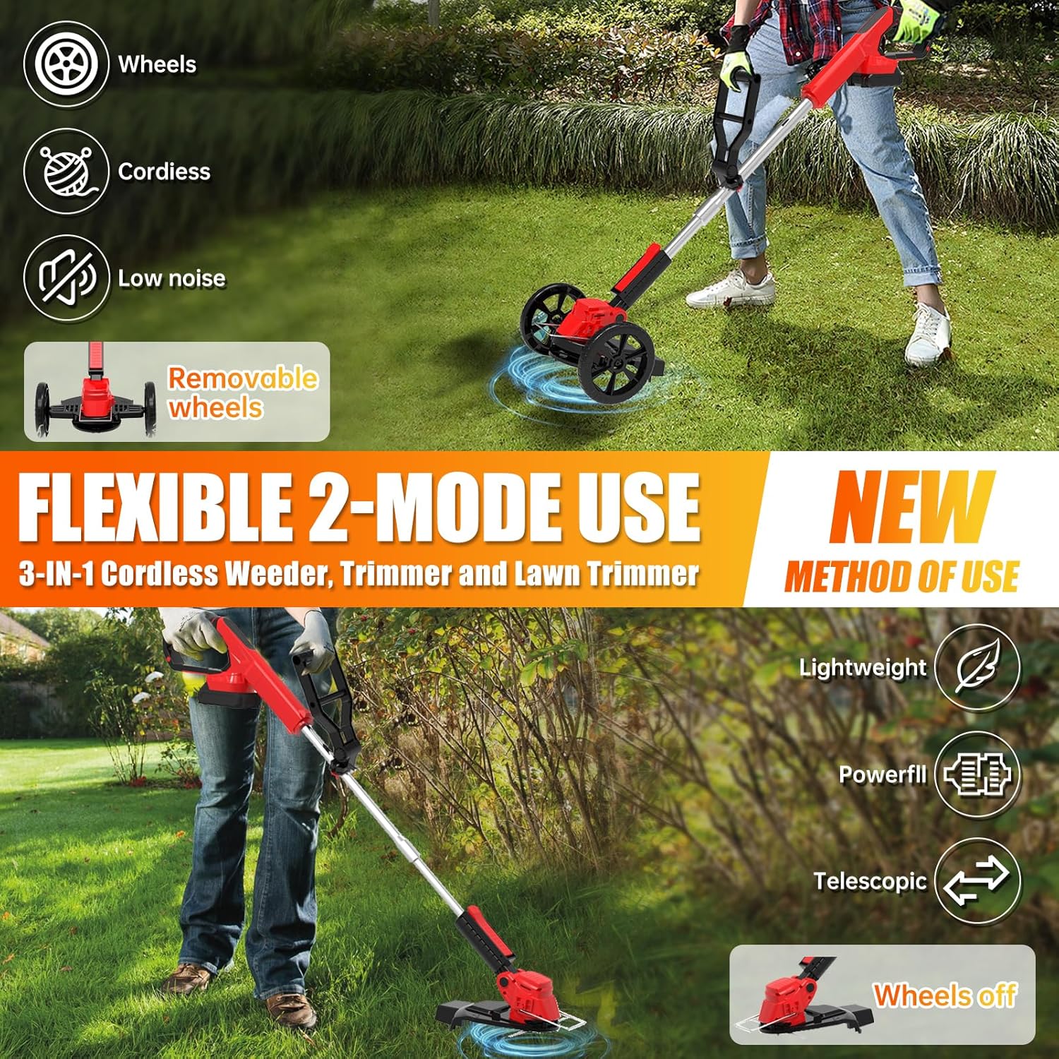 Electric Weed Wacker Eater Cordless Grass Trimmer Battery Powered with 2 Battery&25 Pcs Blades, 3 in 1 21V/2.0Ah Lightweight Portable String Trimmers/Edger Lawn Mower/Brush Cutter for Yard Garden