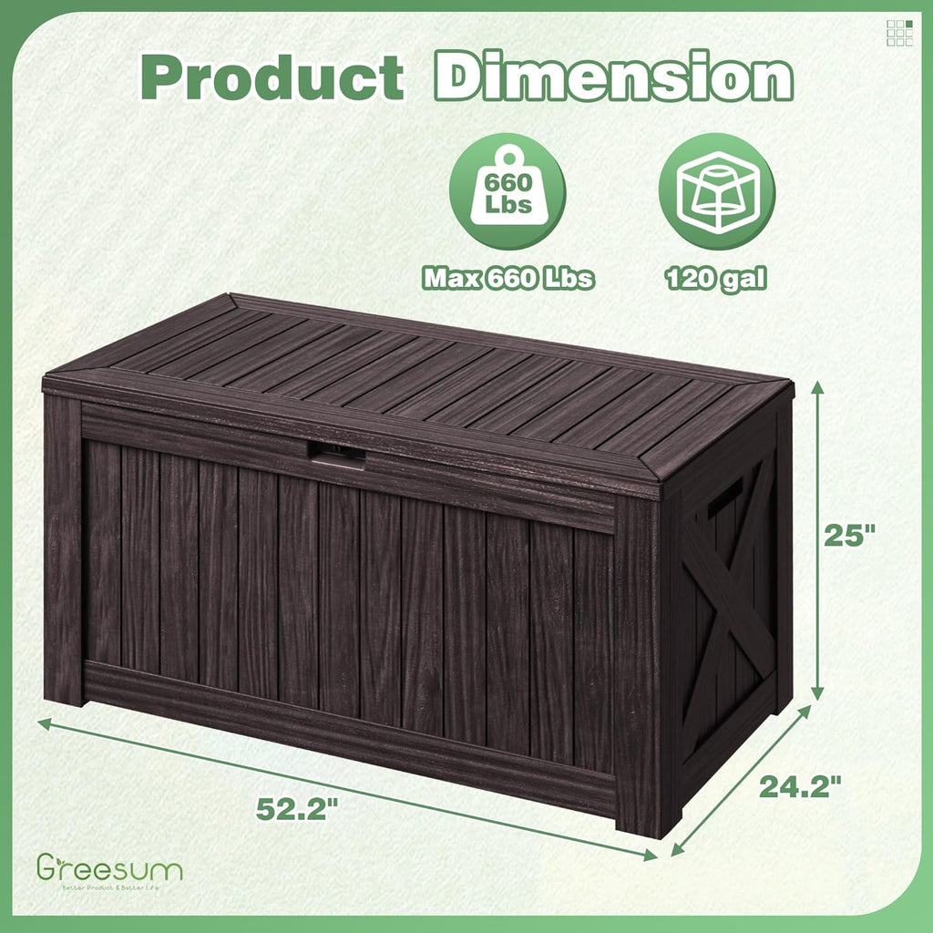 Greesum 120 Gallon Outdoor Storage Box with Lock - Large Resin Deck Box, Reinforced Lid for Garden, Patio, Lawn, Brown