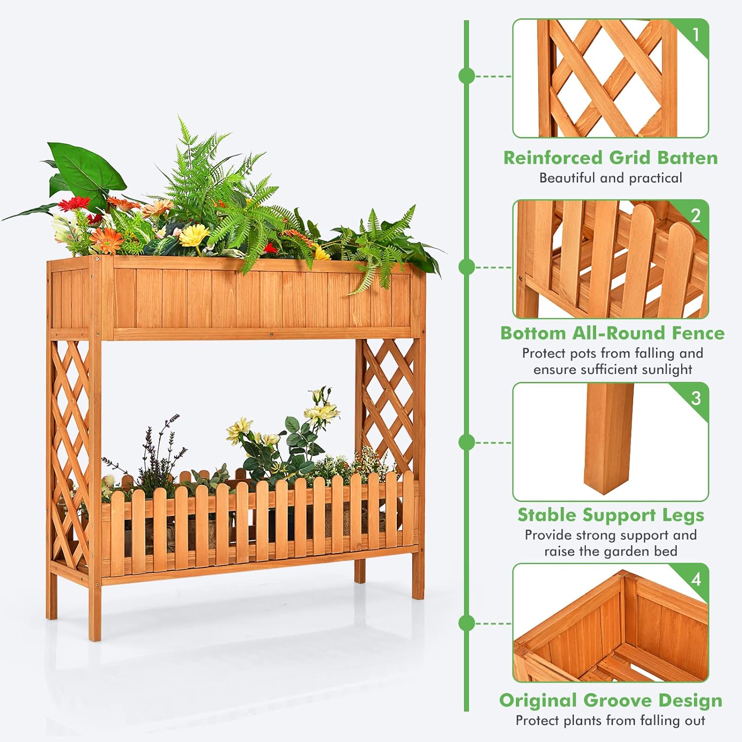 S AFSTAR 2-Tier Raised Garden Bed, Indoor Outdoor Flower Bed with Bottom Shelf Fence, 35.5” H Wood Elevated Planter Box for Vegetable Flower Herb Succulent, Ideal for Patio Balcony Backyard