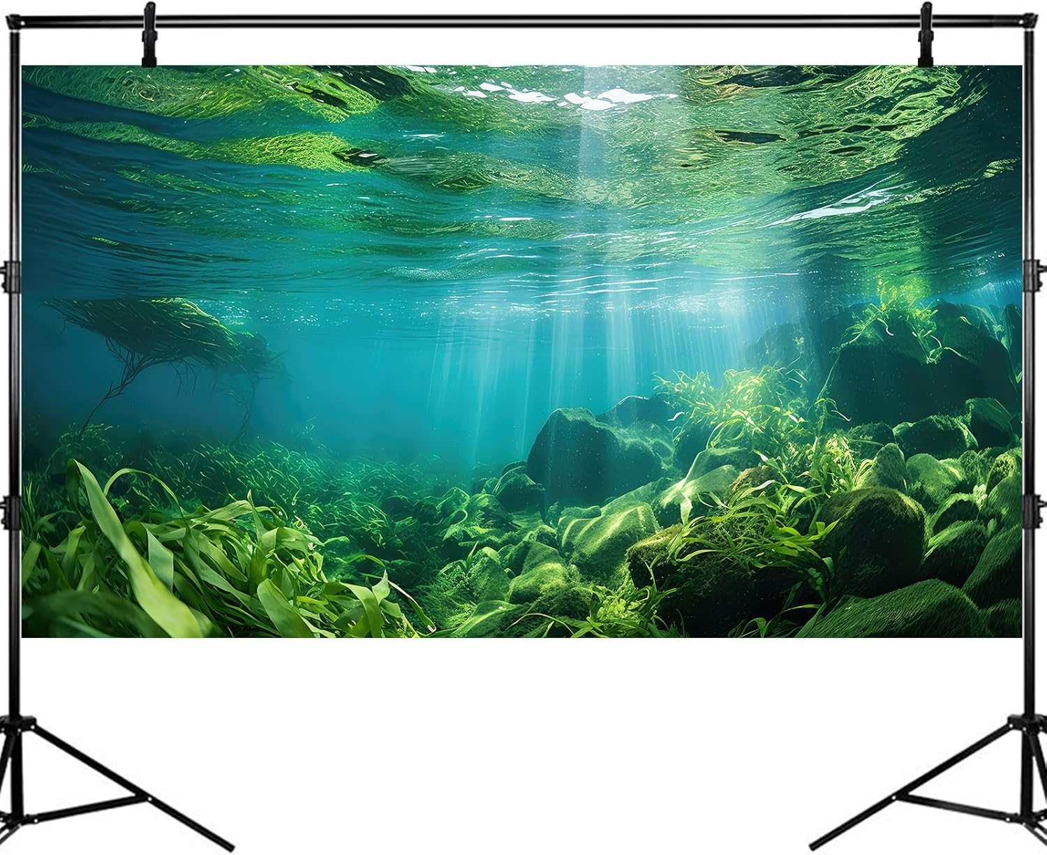 Under The Sea Fish Tank Background Aquatic Plants Deep Sea Aquarium Background Underwater Sunray Rock with Moss Terrarium Backgrounds Deep Ocean Floor Tropical Fish Tank Backgrounds 48x24in