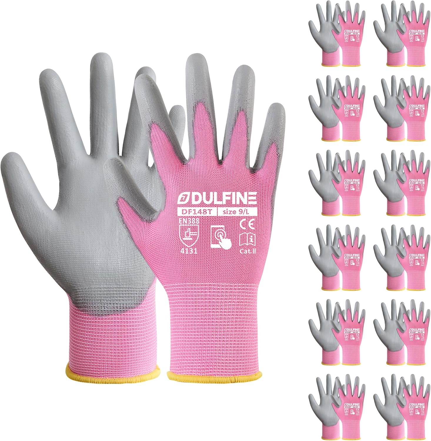DULFINE Work Gloves for Men PU Coated 12 Pairs Bulk Pack,Pink Seamless Knit Glove with thin Polyurethane,Two Finger Touchscreen, for Men and Women, Ideal for Light Duty Work. (Extra Large)