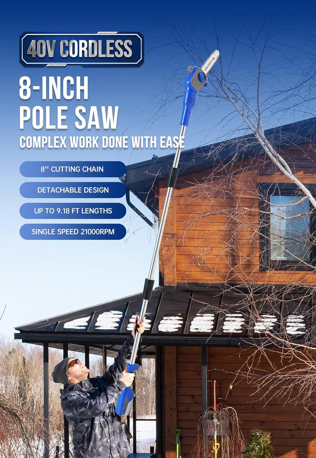 WILD BADGER POWER Pole Saw Cordless 40V 8'' Electric 2.0Ah with Detachable Pole, 2Ah Battery and Charger included