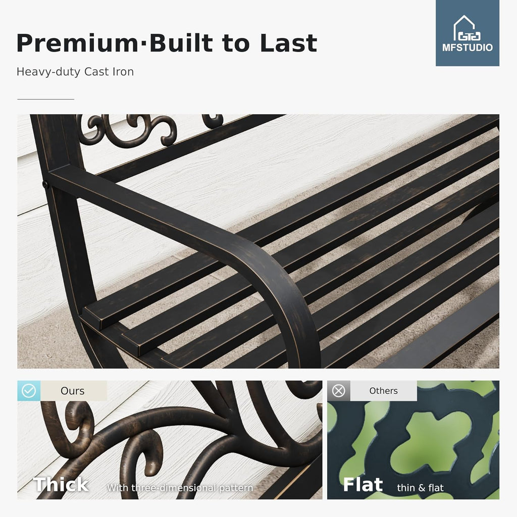 MFSTUDIO 50 Inches Outdoor Garden Bench, Cast Iron Metal Frame Patio Park Bench with Floral Pattern Backrest, Arch Legs for Porch, Lawn, Yard-Bronze