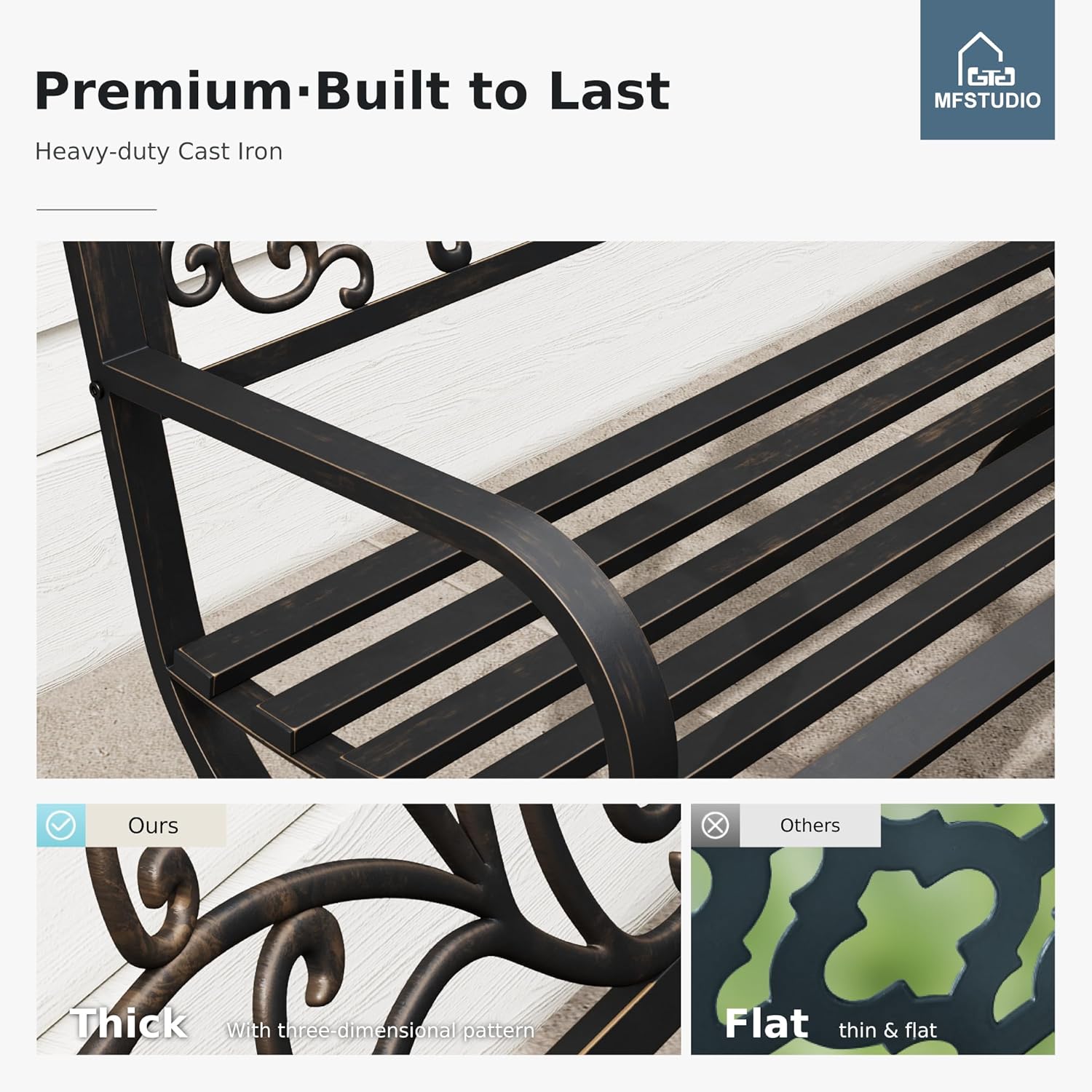 MFSTUDIO 50 Inches Outdoor Garden Bench, Cast Iron Metal Frame Patio Park Bench with Floral Pattern Backrest, Arch Legs for Porch, Lawn, Yard-Bronze