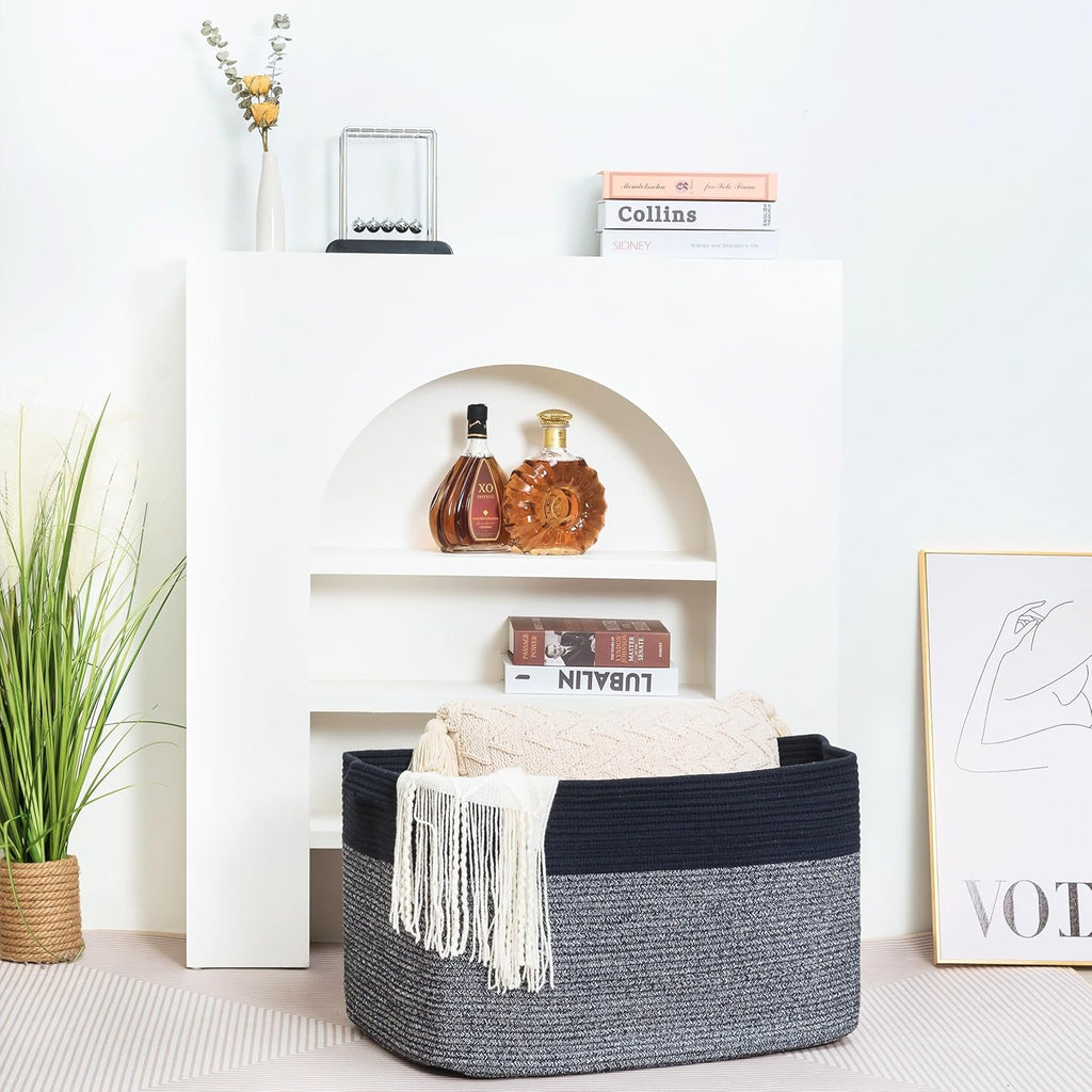 MINTWOOD Design 22in Extra Large Blanket Basket Holder for Living Room, Rectangle Rope Woven Storage Bin with Handles for Laundry, Pool Towels, and Shoes, Dog Toy Box Organizer, Navy Blue