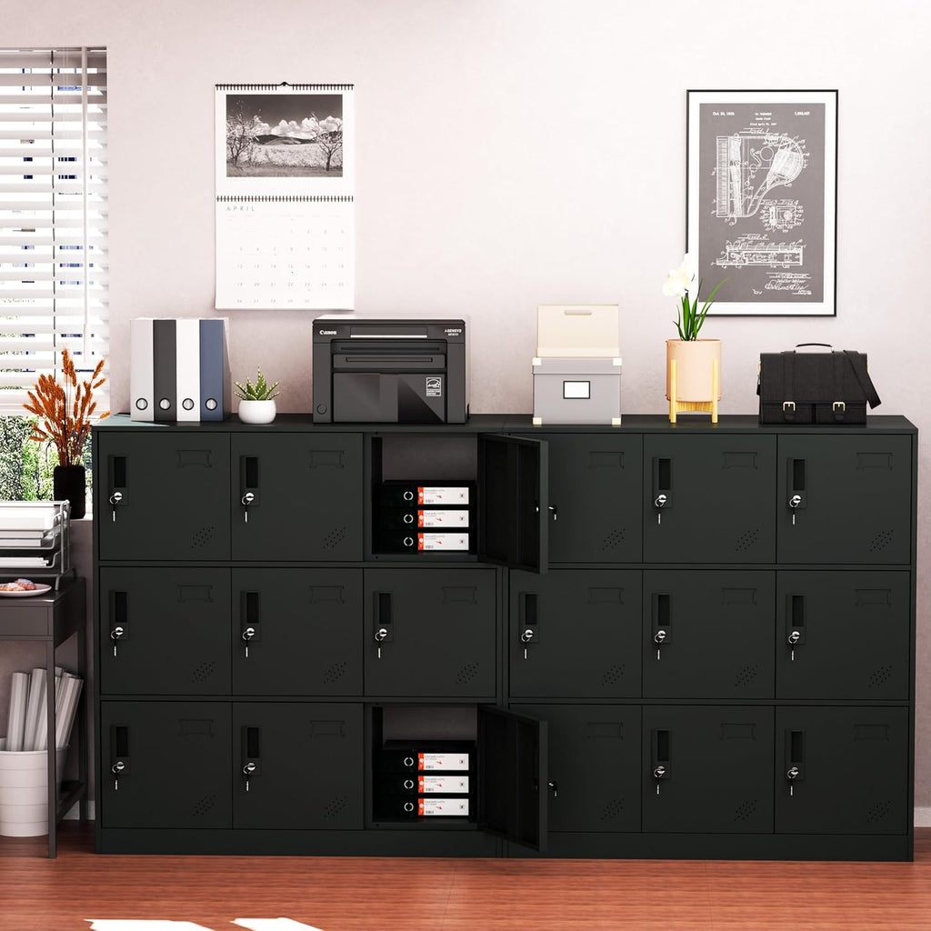 9 Doors Metal Lockers for Employees, Steel Storage Locker with Lock and Card Slot,Lockable Office Metal Storage for School Office Gym Bedroom,Garage (Black)