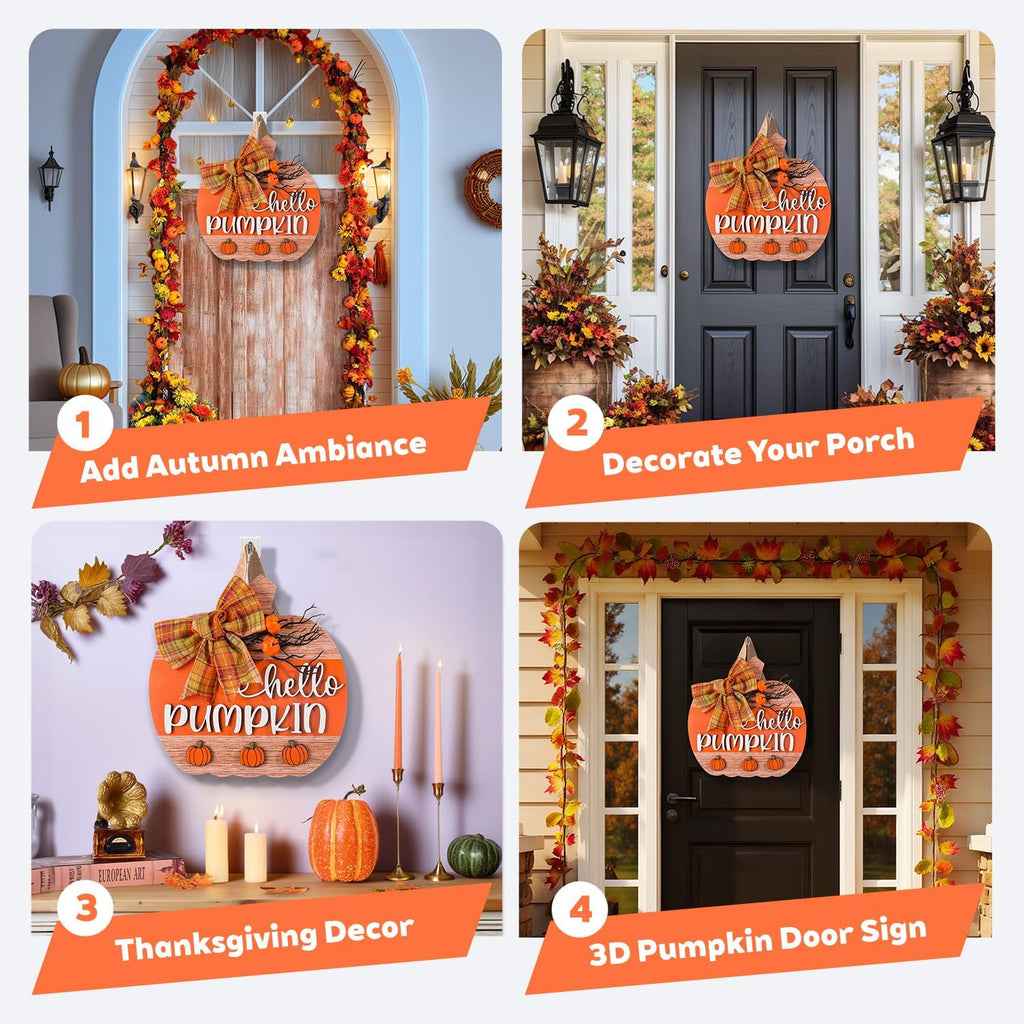 3D Hello Pumpkin Wooden Fall Wreath for Front Door | Fall Autumn Hanging Decor with Bow & Wreath | Farmhouse Harvest Thanksgiving Decor for Porch, Wall | Indoor Outdoor Home (Color-Pumpkin-D)