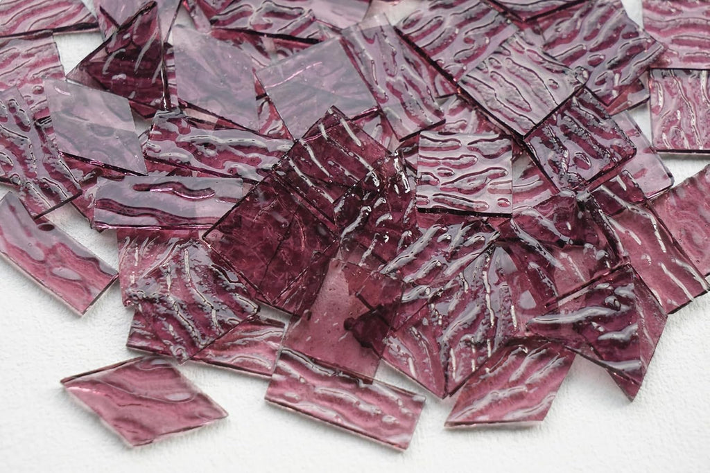 200G Large Size Transparent Glass Mosaic Tiles for Crafts, 4 Shapes Textured Cathedral Stained Glass Mosaic Pieces for Mosaic Art Decor, Mauve