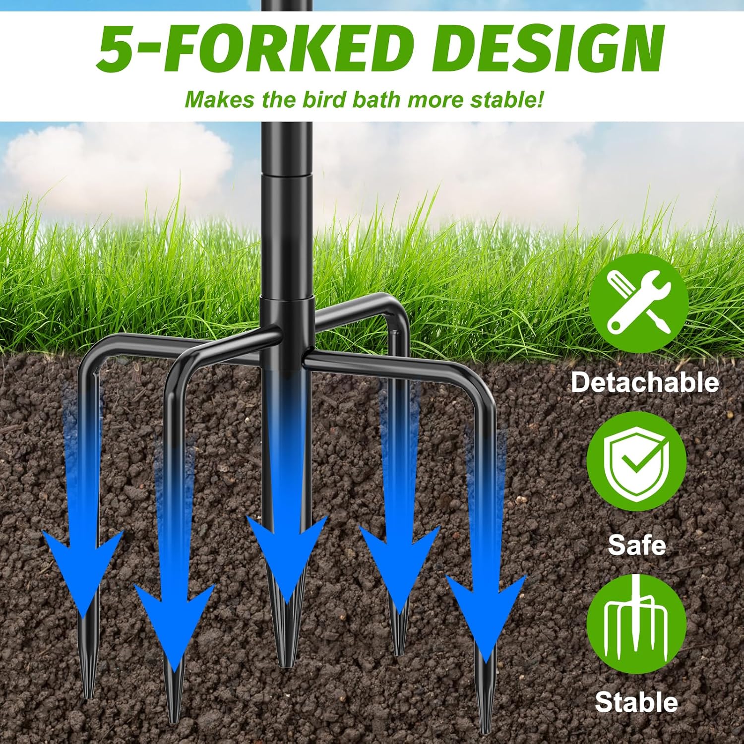 38In Bird Bath for Outside, Metal Birdbath Bowl Decorated Metal with 5 Prong Base Stand Outdoor Bird Baths Bird Feeder Garden Decor Yard Art (Blue-Green)