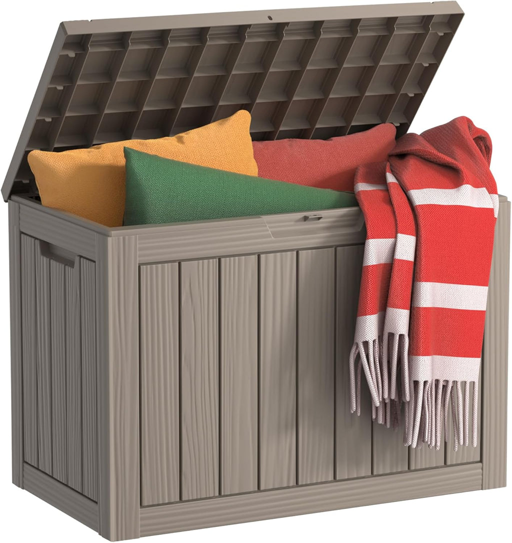 DRATO 45 Gallon Deck Box, Outdoor Storage Box for Patio Furniture, Patio Cushions, Gardening Tools, Pool Supplies 480lbs Weight Capacity,Waterproof Resin Storage Boxes (Light Brown, 45Gal)